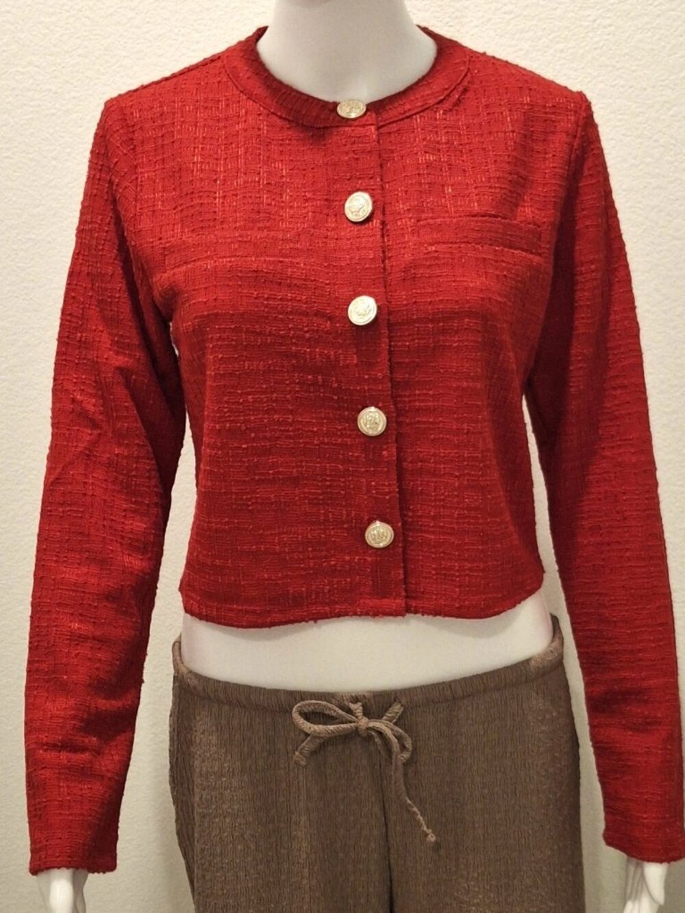 Active USA Red Tweed Crop Clazer Jacket Gold Crest Buttons Size S Brand New